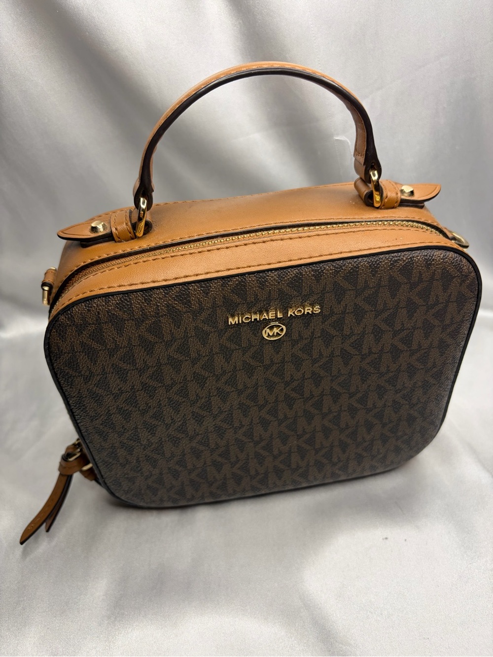 Michael Kors Brown Logo Satchel with Tan Leather Trim